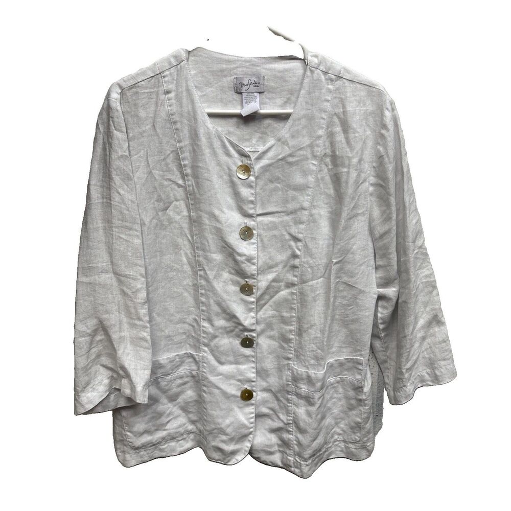 Mosaic USA Linen Jacket Shirt Top White Lagenlook Pocket Button Up L